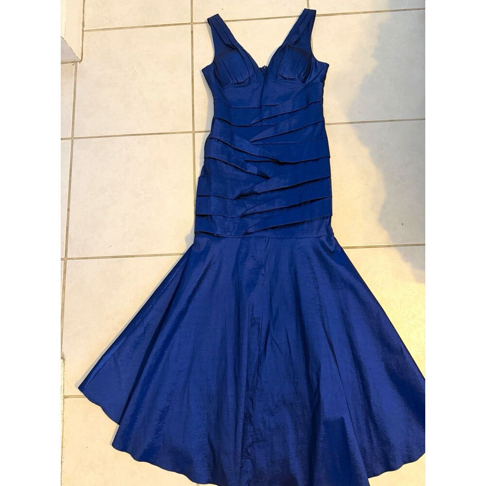 Jessica Howard Blue Satin Pleated V-Neck Sleeveless Long Gown Dress Size 8